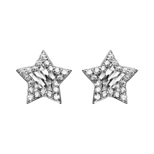 Boucles d\'oreilles en argent toile avec milieu diamant et contour orn d\'oxydes blancs et fermoir poussette - Vue 1