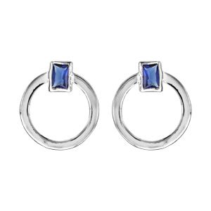 Boucles d\'oreilles en argent rhodi anneau avec lment rectangulaire orn d\'1 oxyde bleu fonc - fermoir poussette - Vue 1