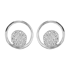 Boucles d\'oreilles en argent rhodi anneau avec rond pav d\'oxydes blancs sertis et fermoir poussette - Vue 1