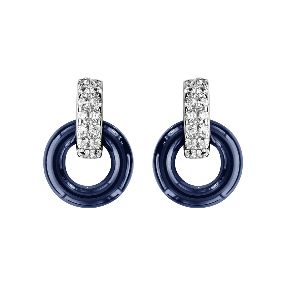 Boucles d\'oreilles en argent rhodi� 1 anneau en c�ramique bleu marine suspendue � 1 anneau orn� d\'oxydes blancs sertis et fermoir poussette - Vue 1