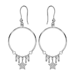 Boucles d\'oreilles en argent rhodié 1 anneau lisse avec plusieurs anneaux diamantés et étoile pavée d\'oxydes blancs sertis suspendus - fermoir crochet - Vue 1