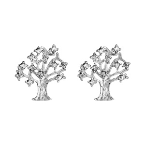 Boucles d\'oreilles en argent rhodi arbre de vie avec oxydes blancs sertis au bout des branches et fermoir poussette - Vue 1