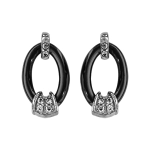 Boucles doreilles en argent rhodié avec anneau ovale en céramique noire et oxydes blancs sertis et fermoir poussette