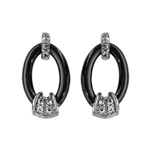 Boucles doreilles en argent rhodi avec anneau ovale en cramique noire et oxydes blancs sertis et fermoir poussette