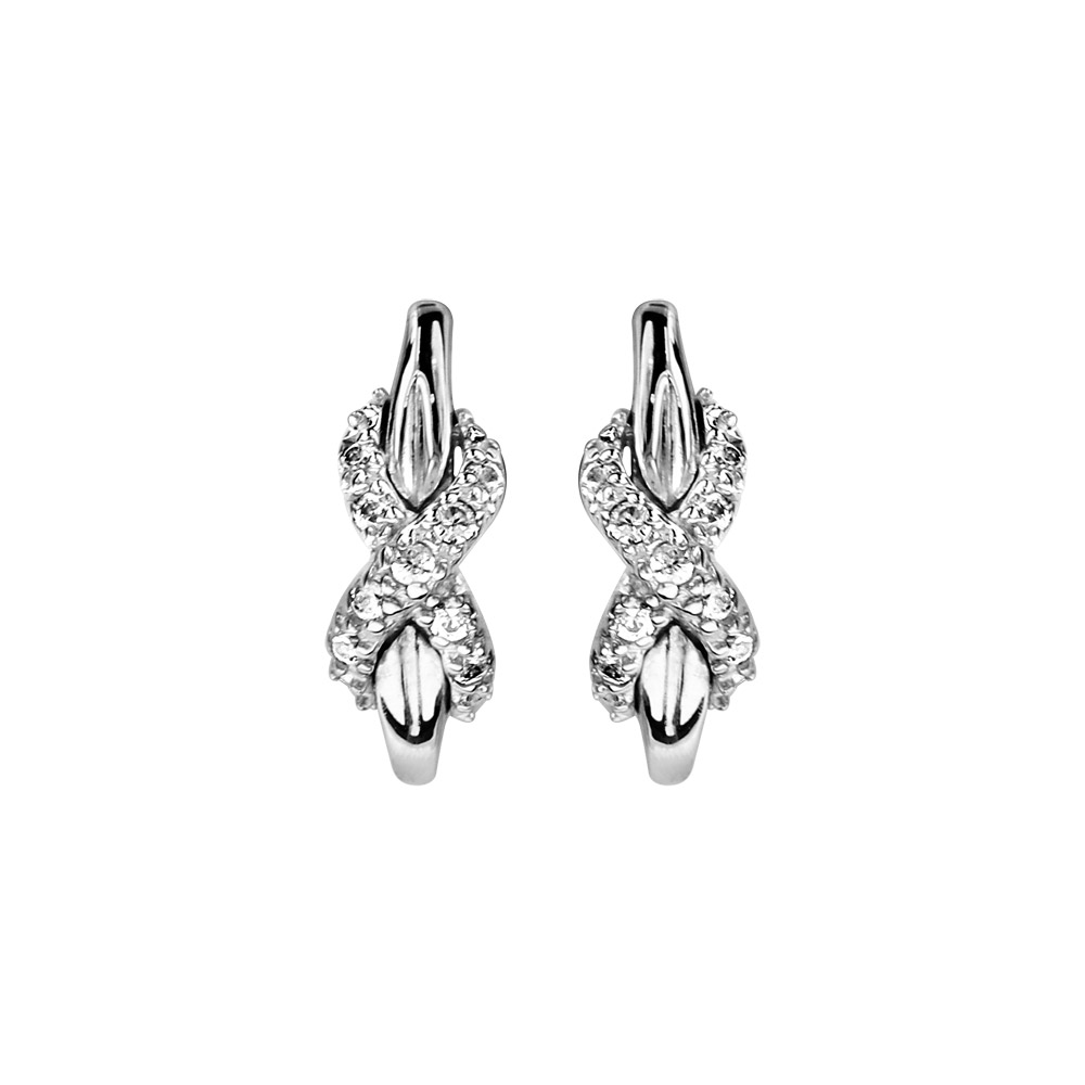 Boucles d\'oreilles en argent rhodi� avec noeud orn� d\'oxydes blancs sertis emmaill� sur le brin et fermoir poussette - Vue 1