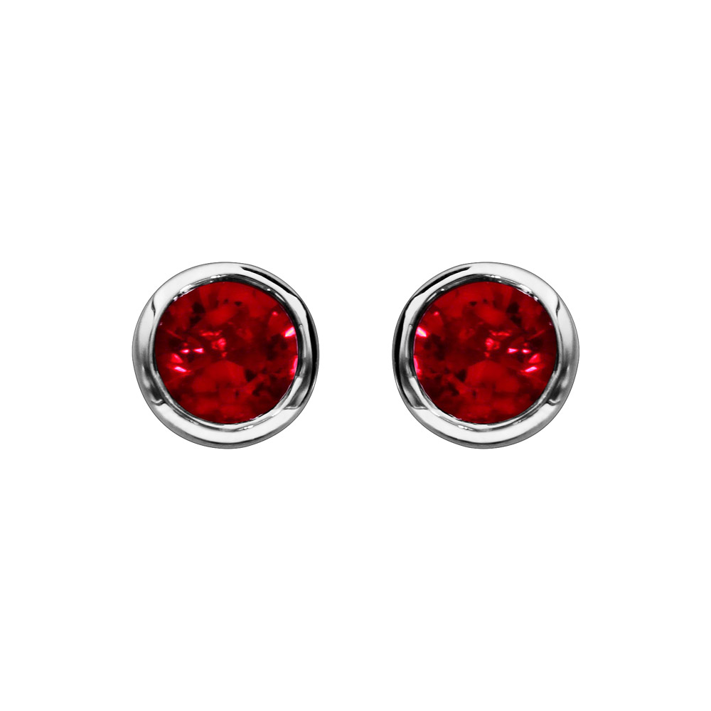 Boucles d\'oreilles en argent rhodi� avec pierre rouge ronde sertie clos et fermoir poussette - Vue 1