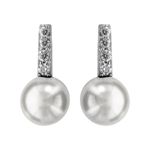 Boucles d\'oreilles en argent rhodi barrette d\'oxydes blancs avec perle blanche au bout et fermoir poussette - Vue 1