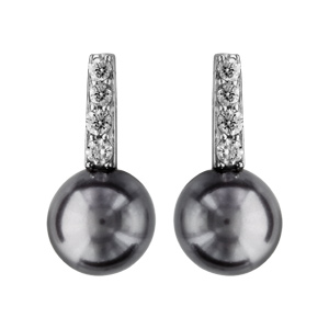 Boucles d\'oreilles en argent rhodi barrette d\'oxydes blancs avec perle grise au bout et fermoir poussette - Vue 1