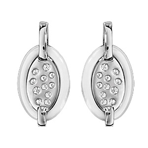 Boucles d\'oreilles en argent rhodié barrette retenant 1 ovale en céramique blanche et éclats d\'oxydes blancs sertis et fermoir clou avec poussette - Vue 1