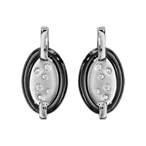 Boucles d\'oreilles en argent rhodié barrette retenant 1 ovale en céramique noire et éclats d\'oxydes blancs sertis et fermoir clou avec poussette - Vue 1