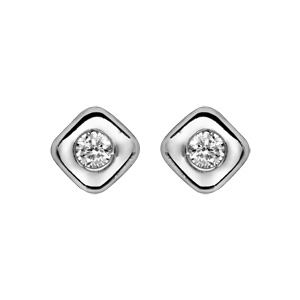 Boucles d\'oreilles en argent rhodi carr arrondi avec oxyde blanc serti au centre et fermoir poussette - Vue 1