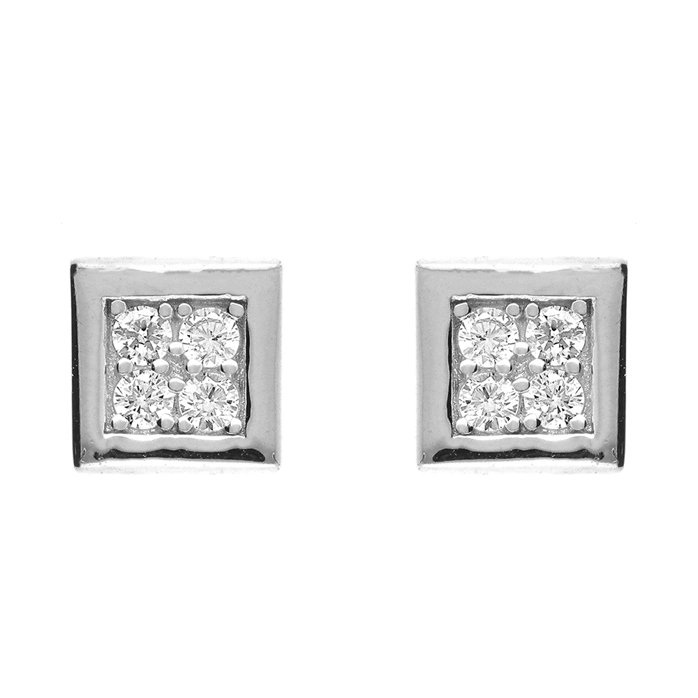 Boucles d\'oreilles en argent rhodi� carr� avec 4 oxydes blancs sertis et bords lisses et fermoir poussette - Vue 1