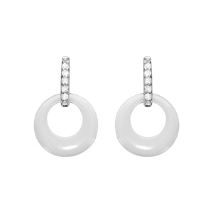 Boucles d\'oreilles en argent rhodi cercle cramique blanche et oxydes blancs fermoir poussette - Vue 1