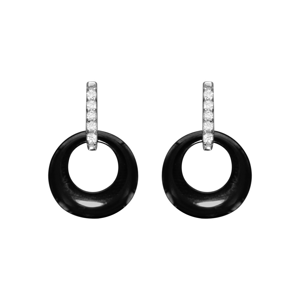 Boucles d\'oreilles en argent rhodi� cercle c�ramique noire et oxydes blancs fermoir poussette - Vue 1