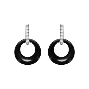 Boucles d\'oreilles en argent rhodi cercle cramique noire et oxydes blancs fermoir poussette - Vue 1