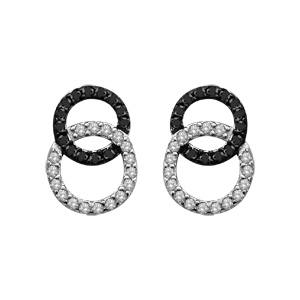 Boucles d\'oreilles en argent rhodi 2 cercle emmaills, 1 petit en oxydes noirs et l\'autre en oxydes blancs et fermoir poussette - Vue 1