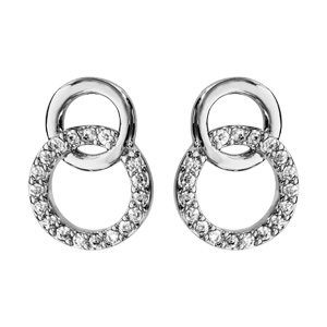 Boucles d\'oreilles en argent rhodi 2 cercle emmaills, 1 petit et lisse et l\'autre en oxydes blancs et fermoir poussette - Vue 1