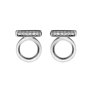 Boucles d\'oreilles en argent rhodié cercle et barrette oxydes blancs sertis et fermoir poussette - Vue 1