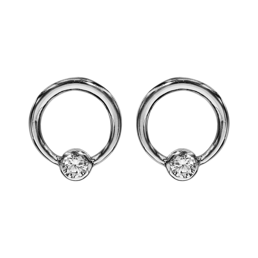 Boucles d\'oreilles en argent rhodi� cercle lisse avec 1 gros oxyde blanc serti clos et fermoir poussette - Vue 1