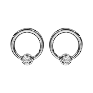 Boucles d\'oreilles en argent rhodi cercle lisse avec 1 gros oxyde blanc serti clos et fermoir poussette - Vue 1