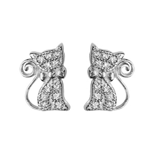 Boucles d\'oreilles en argent rhodi chat orn d\'oxydes blancs sertis avec noeud papillon et fermoir poussette - Vue 1