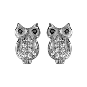 Boucles d\'oreilles en argent rhodié chouette ornée d\'oxydes blancs sertis et oxydes noirs pour les yeux et fermoir clou avec poussette - Vue 1