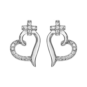 Boucles d\'oreilles en argent rhodi coeur avec 1 moiti lisse et l\'autre orne d\'oxydes blancs et petite croix en oxydes blancs et fermoir poussette - Vue 1