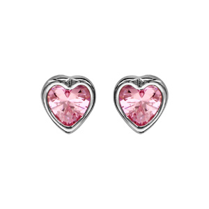 Boucles d\'oreilles en argent rhodi coeur en oxyde rose serti clos et fermoir poussette - Vue 1