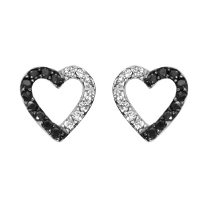 Boucles d\'oreilles en argent rhodi coeur vid avec oxydes blancs et noirs et fermoir poussette - Vue 1