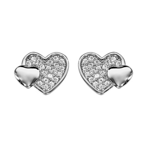 Boucles d\'oreilles en argent rhodi 1 coeur pav d\'oxydes blancs avec un plus petit et lisse par-dessus et fermoir poussette - Vue 1