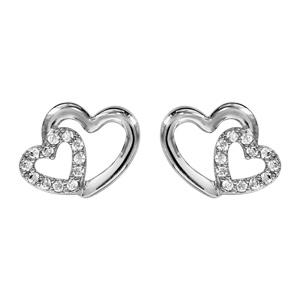 Boucles d\'oreilles en argent rhodi 2 coeurs croiss avec oxydes blancs et fermoir poussette - Vue 1