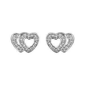 Boucles d\'oreilles en argent rhodi 2 coeurs superposs et vids orns d\'oxydes blancs et fermoir poussette - Vue 1