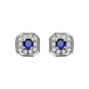 Boucles d\'oreilles en argent rhodi collection joaillerie carr biseaut et oxydes sertis blancs avec coeur en oxyde bleu et fermoir poussette - Vue 1