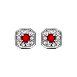 Boucles d\'oreilles en Argent rhodi collection joaillerie carr biseaut et oxydes sertis blancs avec coeur en oxyde rougeu et fermoir poussette - Vue 1