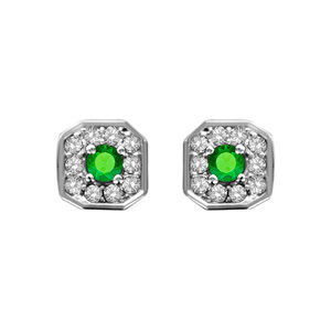 Boucles d\'oreilles en Argent rhodi collection joaillerie carr biseaut et oxydes sertis blancs avec coeur en oxyde vert et fermoir poussette - Vue 1