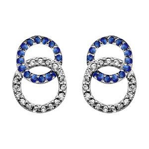 Boucles d\'oreilles en argent rhodi collection joaillerie 2 cercles emmaills, 1 petit en oxydes bleus et 1 en oxydes blancs et fermoir poussette - Vue 1
