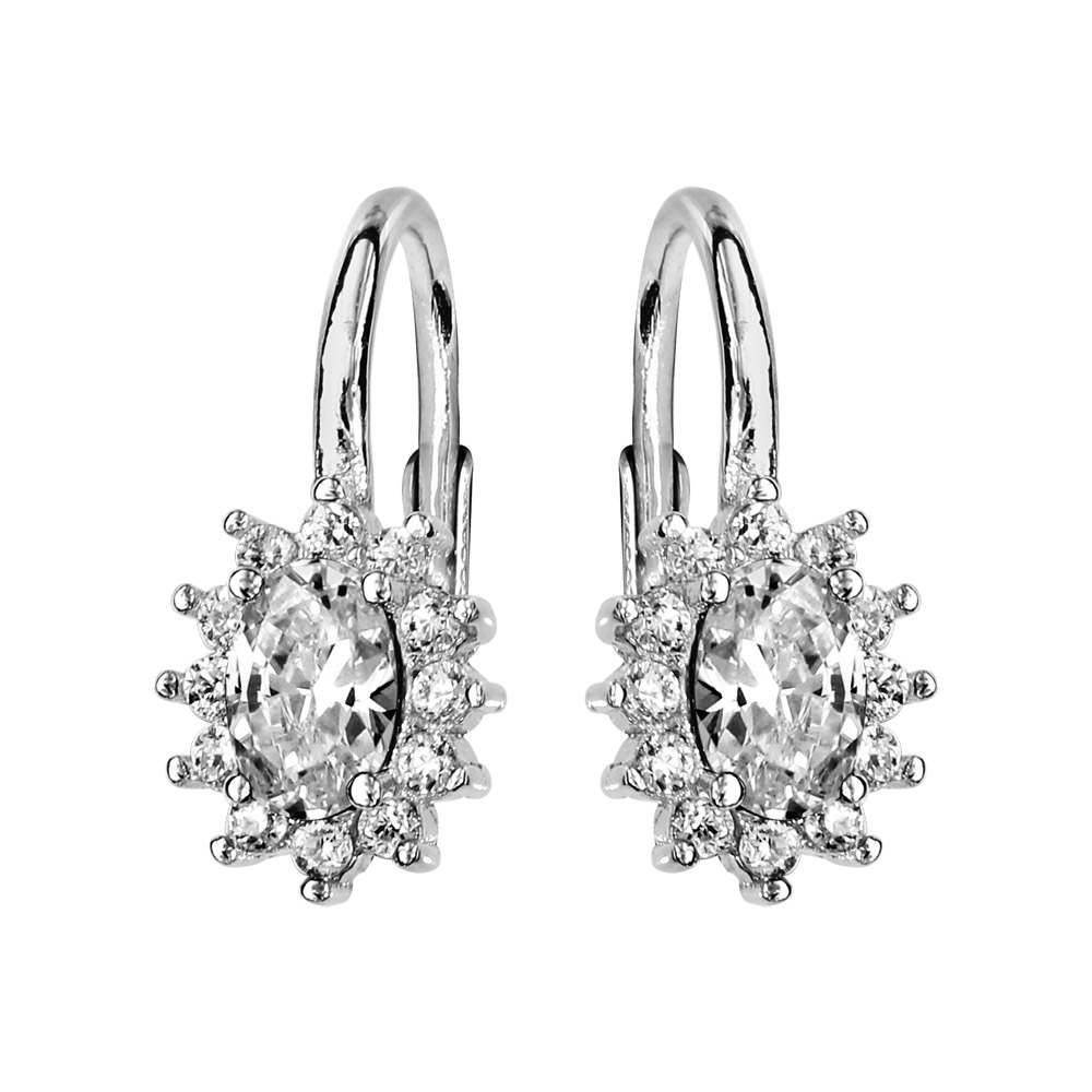 Boucles d\'oreilles en argent rhodi� collection joaillerie gros oxyde blanc au centre et petits oxydes blancs autour - fermoir dormeuse - Vue 1