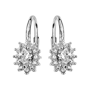 Boucles d\'oreilles en argent rhodi collection joaillerie gros oxyde blanc au centre et petits oxydes blancs autour - fermoir dormeuse - Vue 1