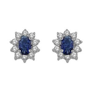 Boucles d\'oreilles en argent rhodié collection joaillerie oxyde bleu au centre et petits oxydes blancs autour et fermoir clou avec poussette - Vue 1