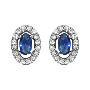 Boucles d\'oreilles en argent rhodi collection joaillerie oxyde ovale bleu avec entourage d\'oxydes blancs sertis et fermoir poussette - Vue 1