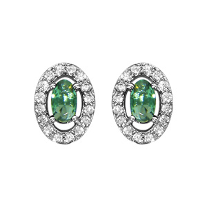 Boucles d\'oreilles en argent rhodi collection joaillerie oxyde ovale vert avec entourage d\'oxydes blancs sertis et fermoir poussette - Vue 1