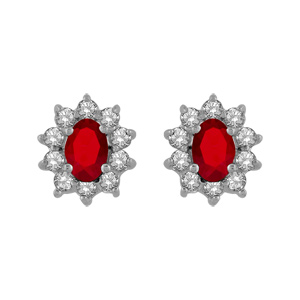 Boucles d\'oreilles en argent rhodi collection joaillerie oxyde rouge au centre et petits oxydes blancs autour et fermoir poussette - Vue 1