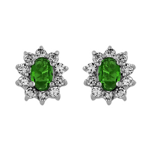 Boucles d\'oreilles en argent rhodi collection joaillerie oxyde vert au centre et petits oxydes blancs autour et fermoir avec poussette - Vue 1