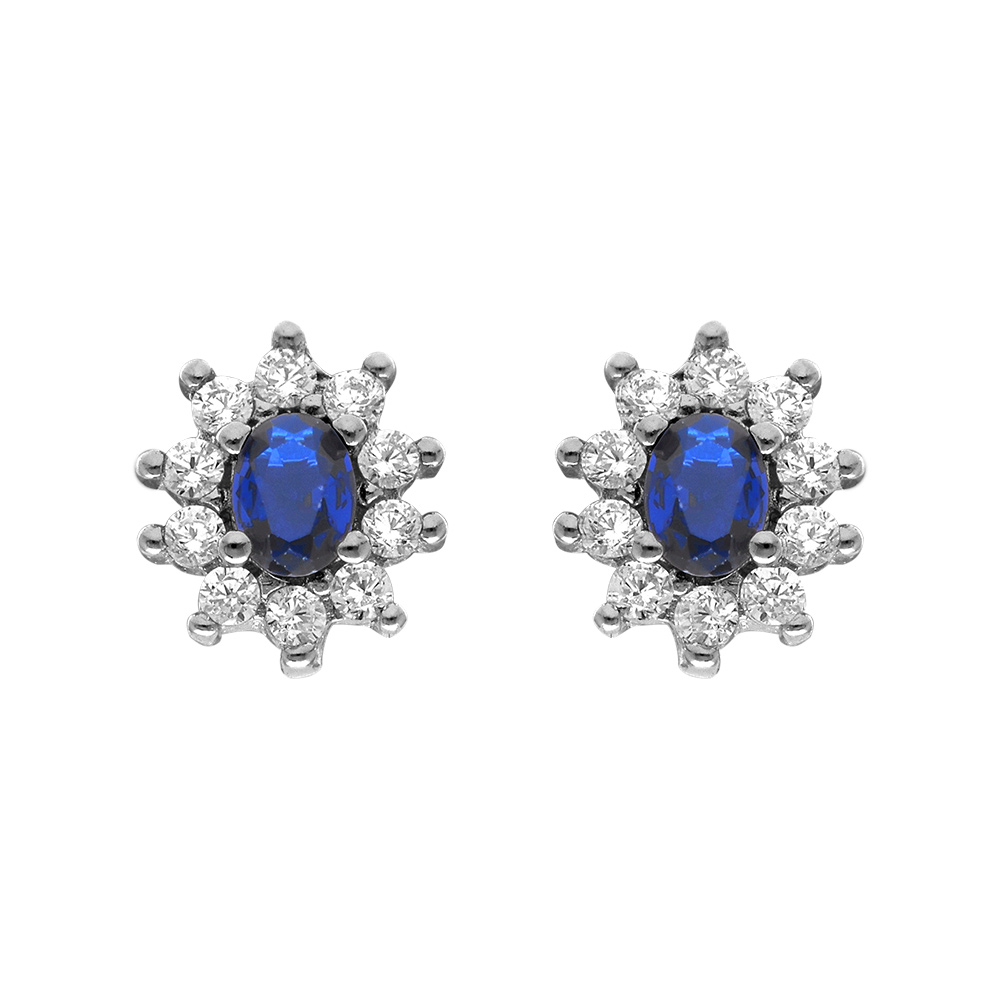 Boucles d\'oreilles en argent rhodi� collection joaillerie pierre centrale bleu fonc� contour oxydes blancs sertis et fermoir poussette - Vue 1