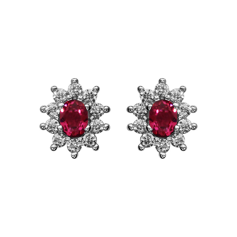 Boucles d\'oreilles en argent rhodi� collection joaillerie pierre centrale rouge contour oxydes blancs sertis et fermoir poussette - Vue 1
