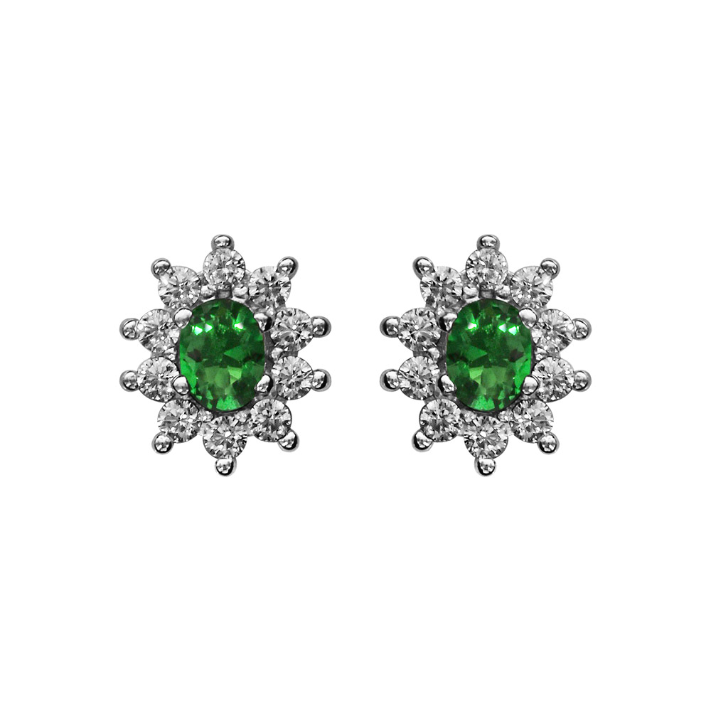 Boucles d\'oreilles en argent rhodi� collection joaillerie pierre centrale vert contour oxydes blancs sertis et fermoir poussette - Vue 1