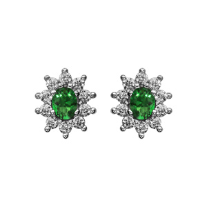 Boucles d\'oreilles en argent rhodi collection joaillerie pierre centrale vert contour oxydes blancs sertis et fermoir poussette - Vue 1