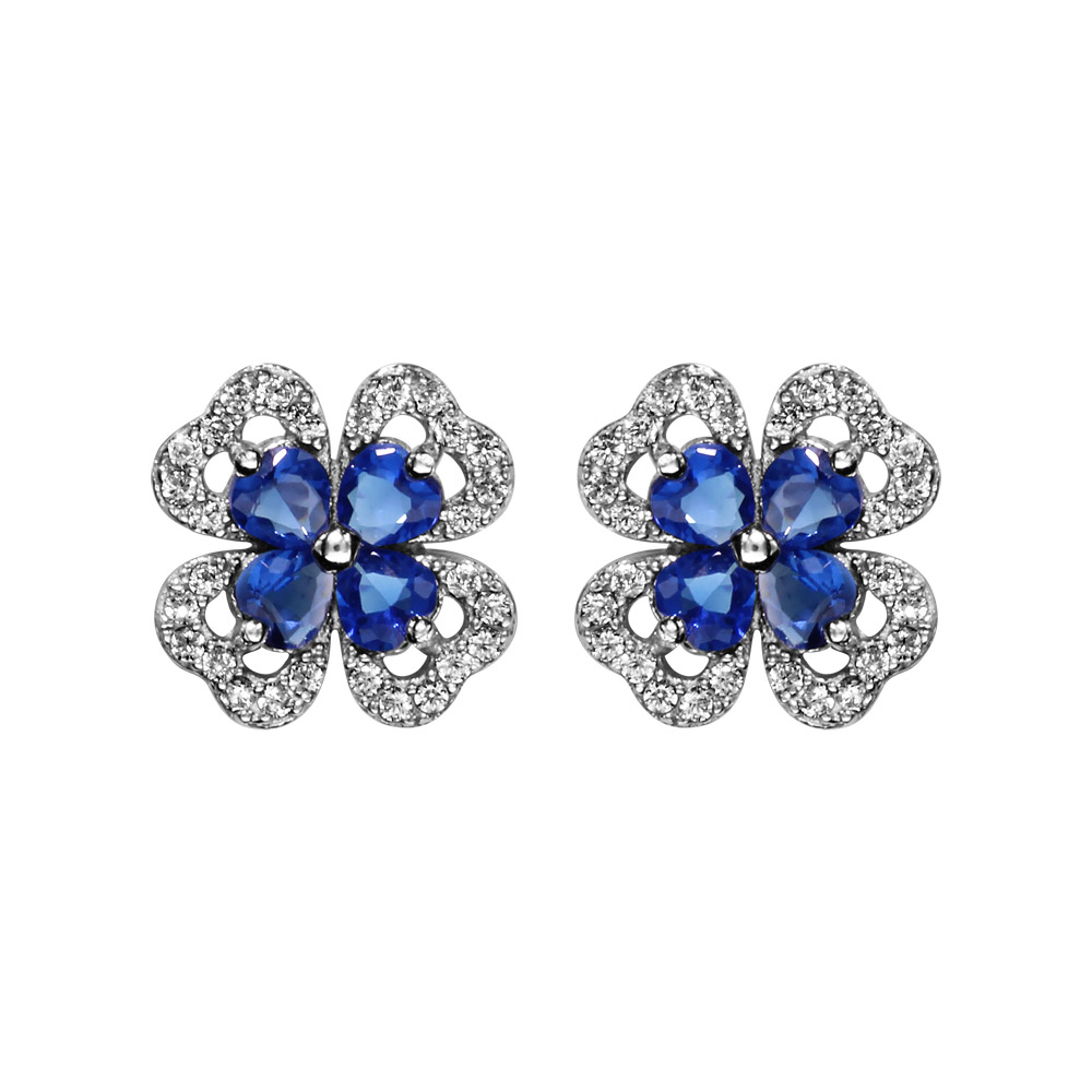 Boucles D'oreilles Plaqué Argent Saphir Bleu - Forme Fleur Tulipe - Réf N4526 - Occasion
