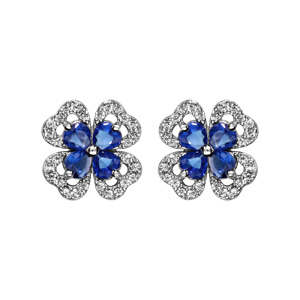 Boucles d\'oreilles en argent rhodi collection joaillerie trfle  4 feuilles en oxydes bleus avec contours en oxydes blancs sertis et fermoir poussette - Vue 1