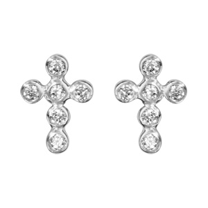 Boucles d\'oreilles en argent rhodi croix avec oxydes blancs sertis clos et fermoir poussette - Vue 1